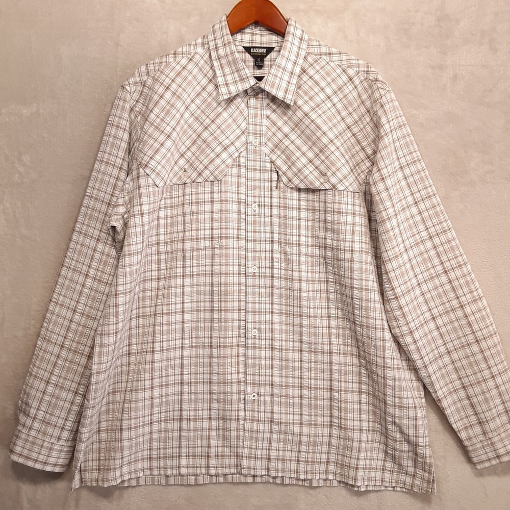 BLACKHAWK! Mens Long Sleeve Casual Button Shirt Sz.XL/White-Beige/Rayon Blend